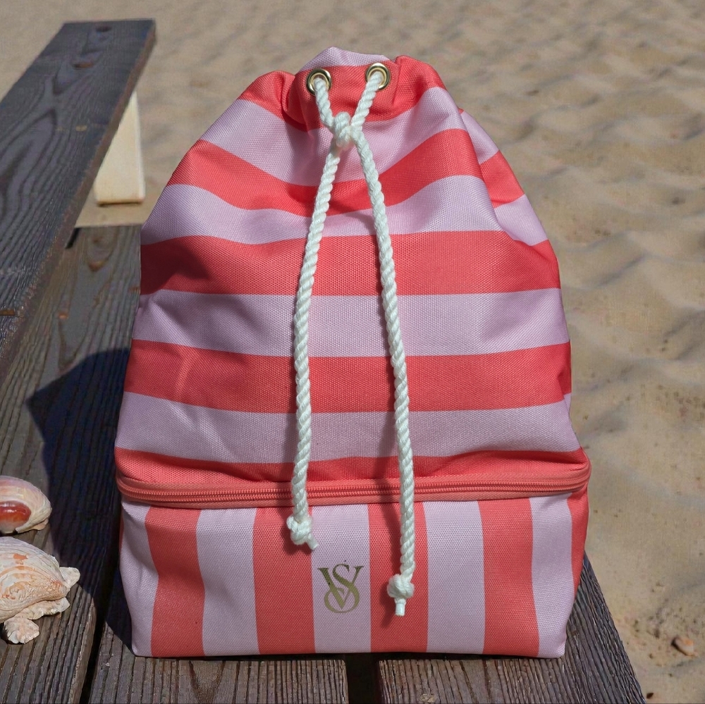 Victoria's Secret Coral and Pink Striped Beach Cooler Drawstring Backpack